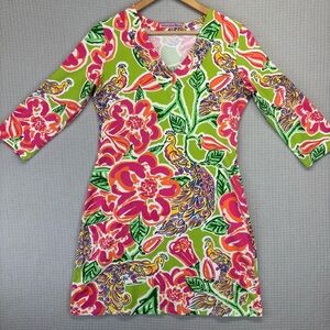 Barbara Gerwit Colorful Peacock Spandex Midi Dress Women Sz Med- Boho V Neck